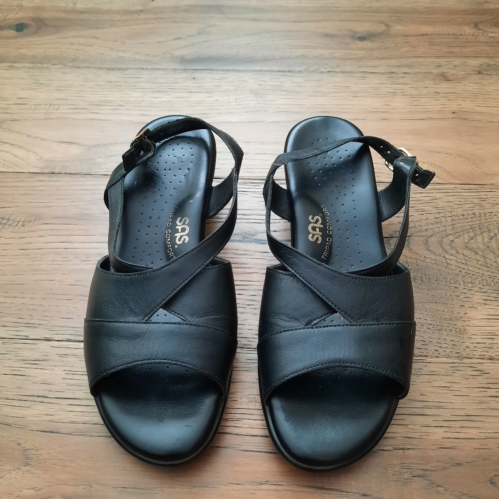 SAS Caress Tripad Comfort Cross Strap Wedge Sandal Black Size 8